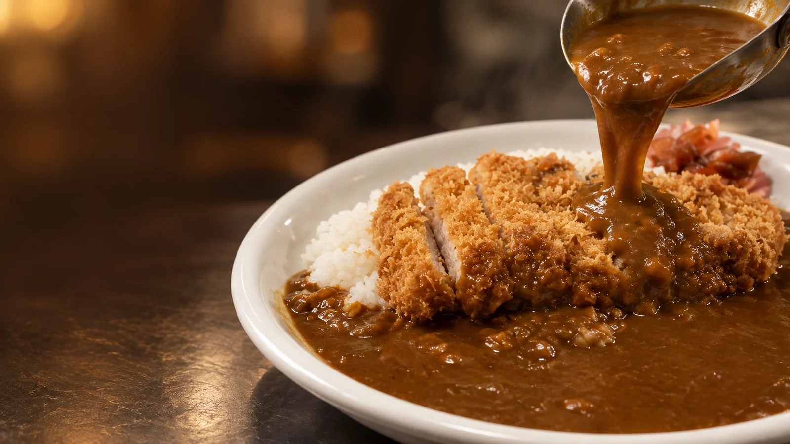 カツカレーにルーをかけるイメージ