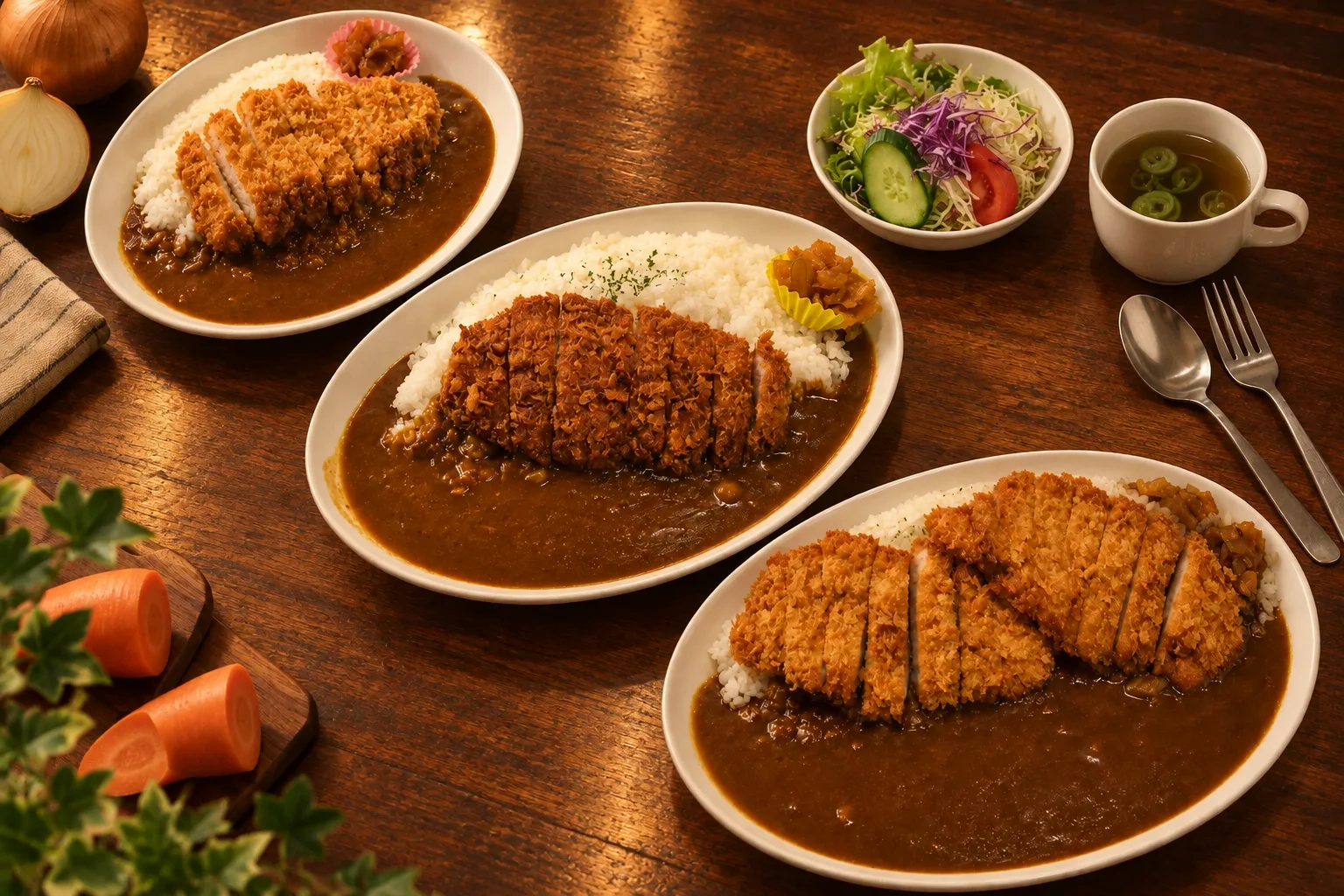 カツカレーの普通・大盛・超大盛をサラダ、スープ、食器と並べたイメージ